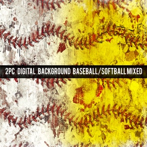 May include: Two digital backgrounds featuring a distressed baseball or softball texture. The first background is white with red stitching and the second background is yellow with red stitching.