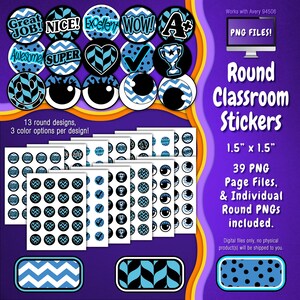 Stickerpakket | Individuele digitale stickers en Avery-velsjablonen | Geometrisch, cirkels, chevron, stippen, blauw, zwart, wit ST55CK-A255