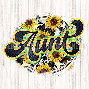 Digitale Tante PNG mit Kuh Sonnenblume Print | Retro Buchstaben Aquarell Textur | Cooles Grunge Circle Sublimation Design | Printable Transfer
