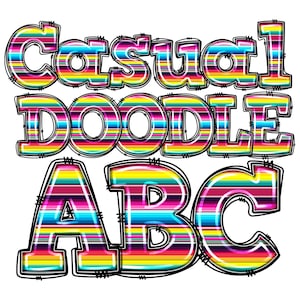 May include: Colorful striped letters spelling "Casual Doodle ABC" with a black outline.