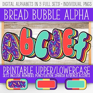 Alphabet Zahlen Set für Tafeln - Brotblase | +Französisch & Spanisch | Lehrer Wand/Tür | Buntstift, Niedlich, Spaß, Lila, Gelb AL55BOBB-A179