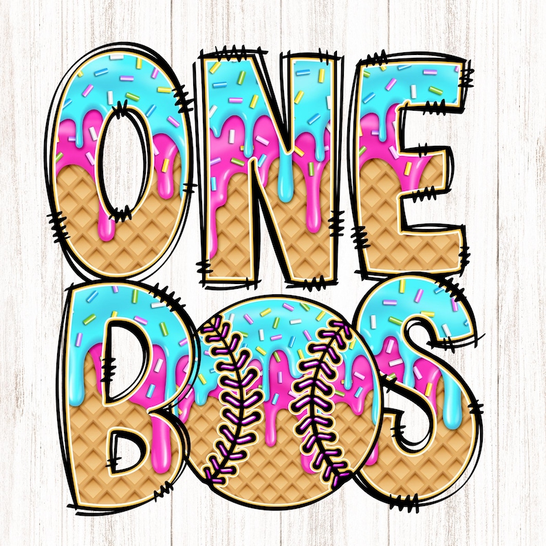 May include: A waffle cone design with the words "ONE" and "BOS" in blue and pink frosting. A baseball with the same waffle cone design is in the center.