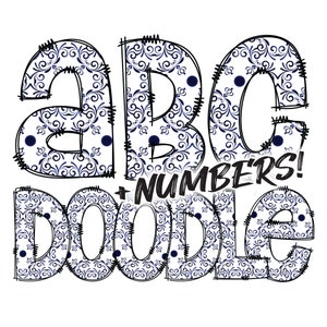 Descarga digital / Doodle Letters Blue Black Squiggle 1 Pattern Fill / PNG Clipart Bundle Alphabet Pack / Letras y números