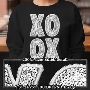 XOXO PNG, Faux Stickerei Pailletten, weiße Pailletten Design für Druck auf dunklen Shirts, Valentinstag PNG Design, übergroße Kunst, Sublimationskunst