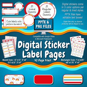 May include: A digital sticker label page set with 42 pages. The set includes 21 lined sheets, 21 regular label sheets, and various round and rectangular labels with colorful borders. The labels are compatible with Google Slides and Microsoft PowerPoint. The image also includes the text "PPTX & PNG FILES".