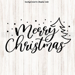 May include: Black and white calligraphy text that reads "Merry Christmas" with a stylized Christmas tree to the right of the text. The text is on a white woodgrain background.