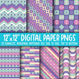 Behangachtergrond: digitaal papier | Naadloos | Bloemen, diamanten, geruit, groovy, leuk, paars, roze, lavendel, munt, groenblauw WA55LL-A236