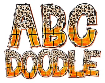 May include: Orange and brown letters spelling "ABC DOODLE" with a leopard print and basketball pattern.