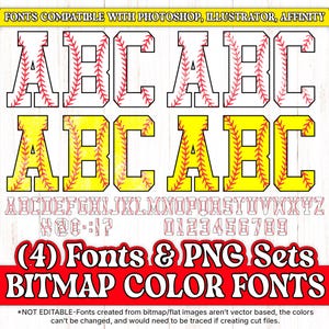 May include: A set of four baseball-themed fonts, with the letters A, B, and C shown in both white and yellow. The fonts are compatible with Photoshop, Illustrator, and Affinity. The text "(4) Fonts & PNG Sets BITMAP COLOR FONTS" is also included in the image. The text "*NOT EDITABLE-Fonts created from bitmap/flat images aren't vector based, the colors can't be changed, and would need to be traced if creating cut files." is also included in the image.