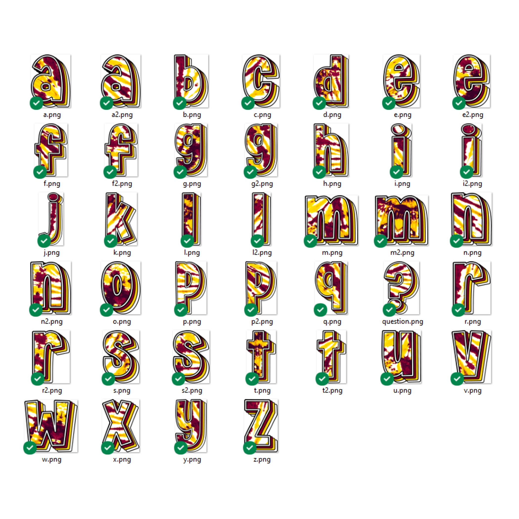 Tiedye Alphabet PNG, Maroon White & Yellow Gold Shadow Letters ...
