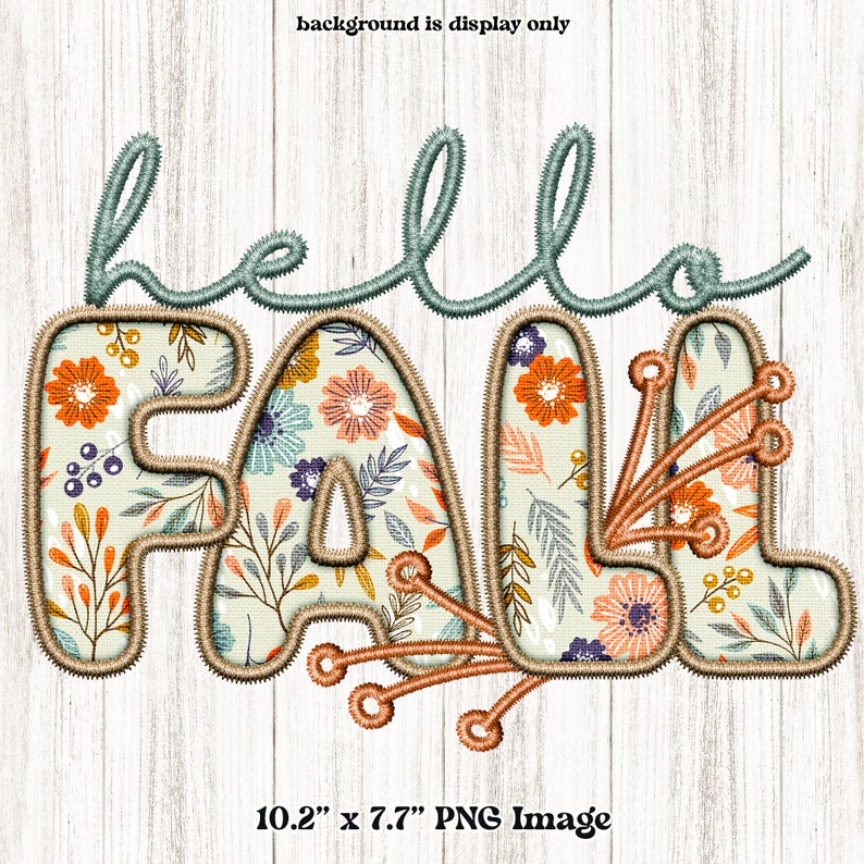 Puede incluir: Imagen PNG decorativa con las palabras "hello FALL" en un dise&ntilde;o bordado. Las letras est&aacute;n rellenas de patrones florales en naranja, azul y amarillo. La imagen mide 25,9 cm por 19,6 cm.