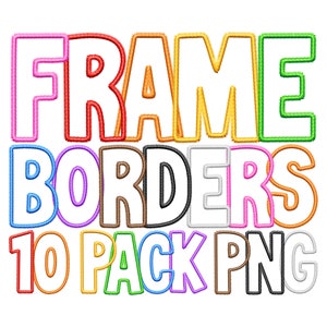 Alfabetos PNG con borde de marco de puntada, Paquete de 10 contornos de bordado falso, Conceptos básicos de la escuela del arco iris, Rojo Naranja Amarillo Verde Rosa Azul, Espacios en blanco