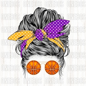 Basketball Mom PNG, Messy Bun Sports, Paars en Goud, College High School Clipart, Bandana Bow Mom Polka Dot, Basketbal Zonnebril Print