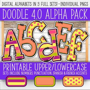 Conjunto de números do alfabeto para placas - Doodle 4.0 | +Francês e Espanhol | Paredes/Porta do Professor | Listras, bolinhas, vivas, brilhantes AL55BOD4-A222