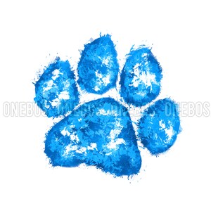 Puede incluir: Una huella de pata azul pintada en estilo acuarela. La huella de pata está sobre un fondo blanco.