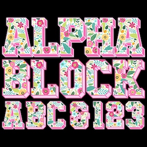 3D アスレチック ブロック フラワー レター、フラワー アルファベット PNG、影付きバーシティ スタイル アルファベット、イースター アルファベット、春のアルファベット、花柄