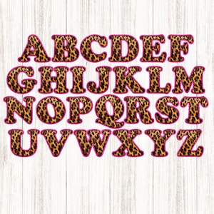 Leopard Pattern Alphabet with Pink Glitter Accent, PNG, Clipart, Digital Download for Shirt Design, Print Cut, Transfer, Canva, Drag n drop