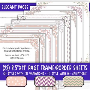May include: A set of 22 printable 8.5" x 11" page frame or border sheets. The sheets feature two styles of decorative frames with eight variations each, plus one style with six variations. The frames are in a vintage style with ornate details and a pink and white colour scheme.