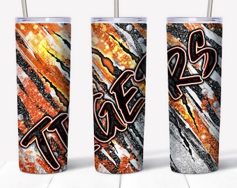 Tijgers Tumbler Wrap PNG, Oranje, Zwart, Wit, Preppy Mascotte Behang met Grunge, Gescheurde Penseelstreken, Glitter Strepen, Sparkle Bokeh