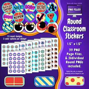 Stickerpakket | Individuele digitale stickers en Avery-velsjablonen | Raster, strepen, stippen, rood, geel, blauw, helder ST55CK-A242