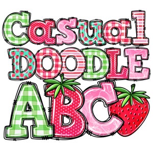 6 alfabetos Doodle de morango PNG, download digital, letras casuais desenhadas à mão, morango primavera verão, xadrez, listra, pacote alfa de piquenique