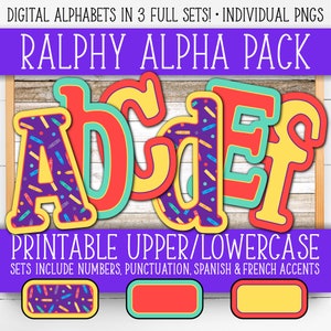 Alphabet Zahlen Set für Tafeln - Ralphy | +Französisch & Spanisch | Lehrer Wand/Tür | Niedlich, Spaß, Lila, Gelb, Rosa, Blau, Petrol AL55BORA-A179