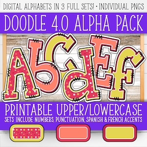 Conjunto de números do alfabeto para placas - Doodle 4.0 | +Francês e Espanhol | Paredes/Porta do Professor | Boho, círculos, pontos, retrô, calmo AL55BOD4-A207-E