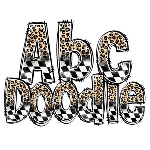 Racing Leopard Kariert Alphabet, Doodle Buchstaben & Zahlen | Auto BMX Motocross | Scribble Sketch Alpha Teams, Wettbewerbe, Sublimation PNG