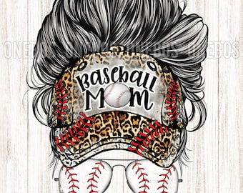 Baseball Mom, Messy Cap Bun Sublimation, PNG Digital Download, Messy Hair with Hat, Baseball Glasses, Digital Print Art