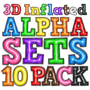 Lot de 10 alphabets gonflés PNG, lot de 10 ensembles alpha complets gonflés 3D Puff, bases de l'école arc-en-ciel, rouge orange jaune vert rose bleu