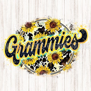Grammies PNG, Retro Groovy Letters Tail auf runden Hintergrund, Kuh Sonnenblumen Print, Cool Grunge Sublimation Design | Printable Transfer