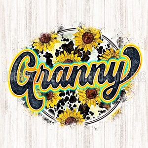 Abuela digital PNG con impresión de girasol de vaca / Textura de acuarela de letras retro / Diseño de sublimación de círculo grunge fresco / Transferencia imprimible