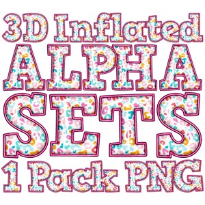 May include: 3D Inflated Alpha Sets 1 Pack PNG.  A set of colorful, 3D letters with a leopard print design.  The letters are outlined in pink.