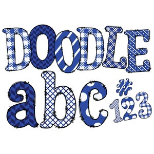 Download digital | Preenchimento de padrão Doodle azul branco 1B | Pacote de alfabeto de pacote de clipart PNG | Letras e números