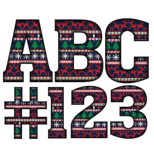 Digitaler Download | Blau Rot Gestricktes Weihnachtsmuster Füllmuster 1 | PNG Clipart Bundle Alphabet Pack | Buchstaben und Zahlen
