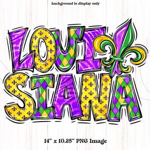Louisiane PNG, téléchargement numérique, fleur de lys, sublimation de Doodle dessiné main, transfert des cliparts, conception de chemise Mardi Gras, or vert violet