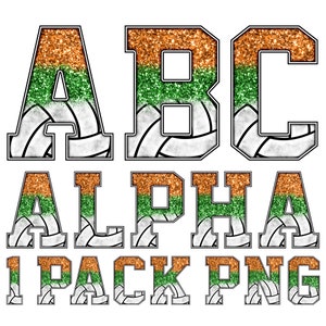 Beachvolleyball Alphabet, Orange Grün Glitter, Tafeln Muster, College Schule Athletisch Voller Block Sport Clipart Alpha, Buchstaben, digitaler Download