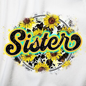 Digitale Schwester PNG Kuh Sonnenblume Print | Retro Buchstaben Aquarell Textur | Cooles Grunge Circle Sublimation Design | Printable Transfer