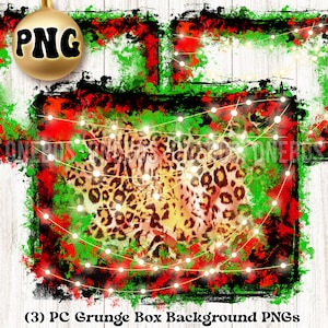 Può includere: Tre sfondi digitali con un motivo leopardato, schizzi di vernice grunge rosso e verde e luci a stringa bianche. Il testo (3) PC Grunge Box Background PNGs è nella parte inferiore dell'immagine.