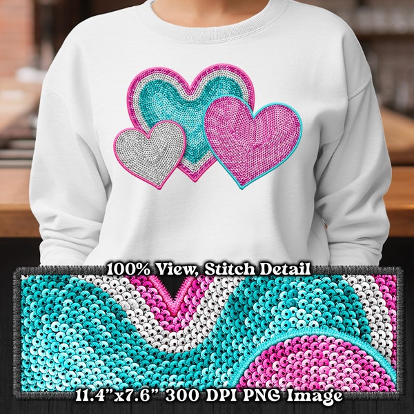 Valentines Sequin Heart Design, Faux Embroidery Style, Trendy Valentines Art Sublimation, Print, Film Transfers, 3 Hearts, Pink Teal White