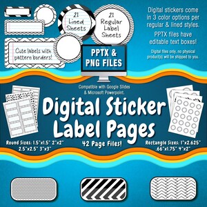 May include: A digital sticker label page set with 42 pages. The set includes 21 lined sheets, 21 regular label sheets, and various round and rectangular label sizes. The labels are black and white with different patterns. The labels are compatible with Google Slides and Microsoft PowerPoint. PPTX & PNG files.