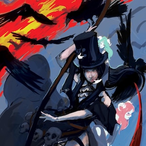 Puede incluir: Ilustración digital de una figura con sombrero de copa y atuendo negro, sosteniendo un bastón, con cuervos y calaveras. La obra de arte presenta una combinación de colores rojo y azul, con una estética estilizada y artística.