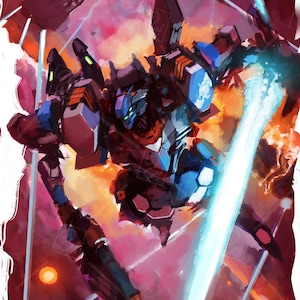 May include: A blue and red robot with a glowing blue sword, flying through a red and orange sky with glowing orange orbs.