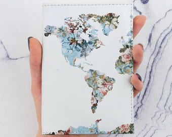 Rose Flowers Passport Cover Blue World Map Printed Map Watercolors Passport Case Holder Pass Cover Travel Gift Leather Wallet Pass CP6049