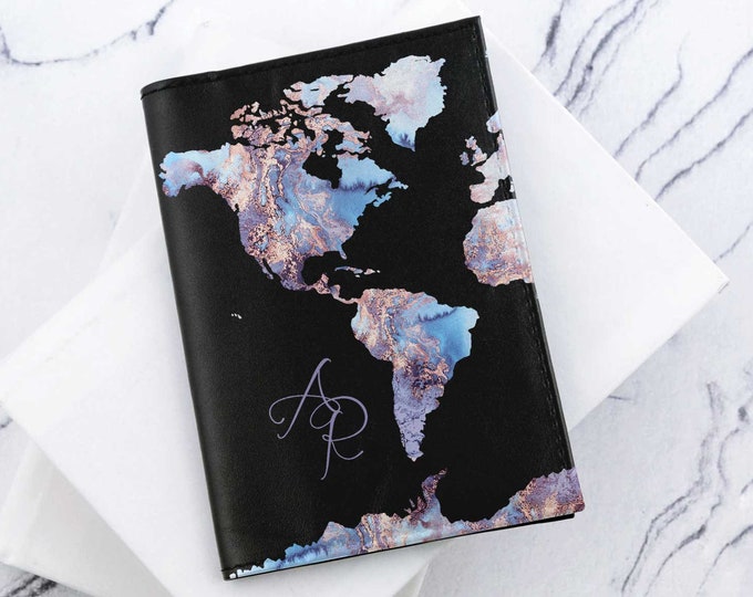 Gemstone World Map Print Passport Cover Leather Passport Holder Passport Case Travel Wallet Personalized Passport Covers Travel Gift CP6097