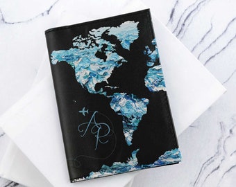 Blue World Map Passport Cover Watercolor Clipart Leather Wallet Pass Passport Case Holder Gift Travel Printed Map Wanderlust CP6087