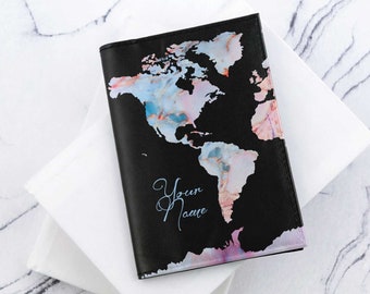 Leather Passport Holder Marble World Map Passport Wallet Personalized Passport Covers Travel Accessories Credit Card Holder Gift CP6082