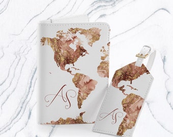 Gold Marble Cute Custom Passport Holder Lover Passport Cover Travel Set World Map Bag Tag Luggage Tag Gift for Her Document Protector CP6274