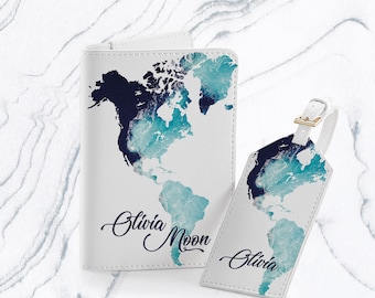 Ocean Wave World Map Document Organizer Travel Set Wallet Custom Passport Holder Luggage Tag Cute Design Card Holder CP6298