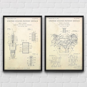 Automotive Patent Art Prints: Spark Plug & V8 Engine Blueprint Set